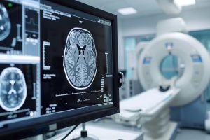 Diagnostic Imaging of Brain Injury: CT Scan or MRI Displaying Brain Injury on Radiology Screen in Hospital Setting, Medical Diagnosis and Treatment Concept