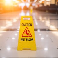 Yellow wet floor sign on polished floor