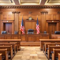 Empty courtroom with wooden benches, judge