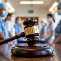 Medical malpractice lawsuit gavel and blurred healthcare professionals in hospital corridor