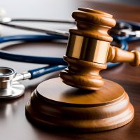 Gavel and stethoscope on a wooden surface represent medical malpractice and legal healthcare issues