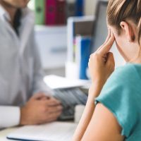 Woman suffering from bad headache or migraine. Appointment with doctor in office room. Sick and unwell lady with stress, trauma or burnout. Young patient in pain holding head with hands. Medical visit