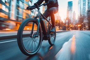 A cyclist rides a black e-bike on a city street, with the background blurred for a sense of speed