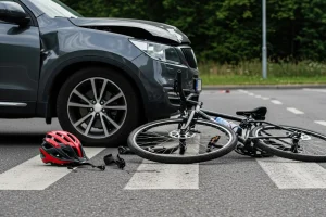 A damaged car and a fallen bicycle lie on a crosswalk, suggesting a recent accident. A red helmet is nearby on the asphalt, emphasizing safety concerns.