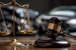 A gavel rests beside a balanced scale on a wooden table, symbolizing justice. A blurred car crash is in the background, suggesting legal implications.