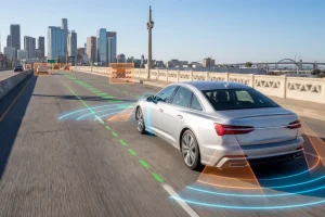 Autonomous Vehicle Sensor Detection on City Bridge Highway. Self Driving Car, Radar and Lidar Systems, ADAS Safety Technology, Smart Mobility Concept