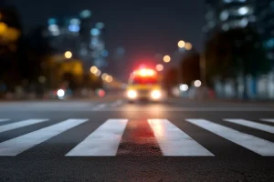 Blurred view of an ambulance with flashing lights approaching a city crosswalk at night. Streetlights and buildings form a bokeh background, conveying urgency.