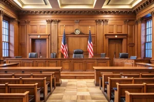Spacious courtroom with wooden decor, centered judge