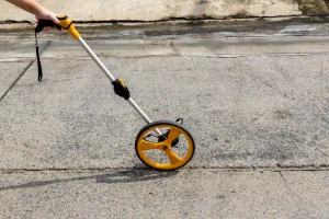 Distance measuring wheel device. Rolling distance measurement tool. Construction measuring tool. Measuring wheel tool for calculating distance. Outdoor surveying measurement tool with rolling odometer