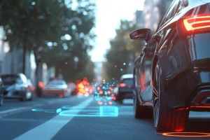 Emergency Braking Assist (EBA) system to prevent car crashes, showcasing smart car technology in a 3D rendering image