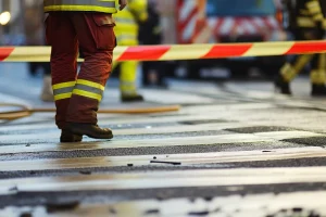 Pedestrian hit by a car at a crosswalk - with emergency responders providing aid and the area cordoned off with caution tape.