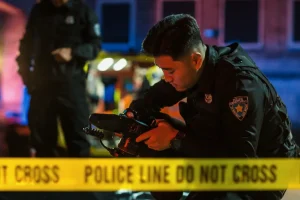 Policeman Checking Camera after Taking Forensic Photos of Evidence Found on Crime Scene. Young Police Officer Behind a "Do Not Cross" Yellow Tape, Solving Murder Case and Documenting Clues