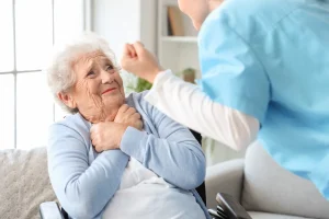 Senior woman scared of angry nurse at home